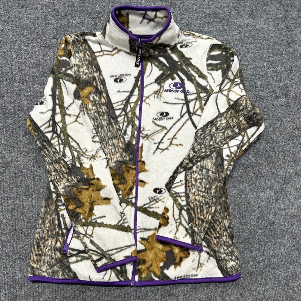 Mossy Oak Jacket Womens Size S White Camo Purple Trim Fleece Full Zip Mock Neck